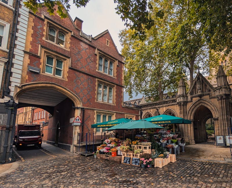 The image shows a street scene in a historic area with a large, ornate brick building featuring arched windows and a decorative archway on the right, adjacent to a stone Gothic-style gate. In front of the building, there is a flower stall shaded by a large green umbrella bearing the website manandvanknightsbridge.co.uk. The stall displays an array of colourful flowers in wooden crates and cardboard boxes, placed on a cobblestone pavement. A black van is partially visible under the arched passageway, suggesting active loading or unloading related to home relocation or furniture transport. Tall trees with green foliage frame the scene, and the overall setting reflects a typical urban environment associated with house removals or packing and moving services, as provided by Man and Van Knightsbridge.